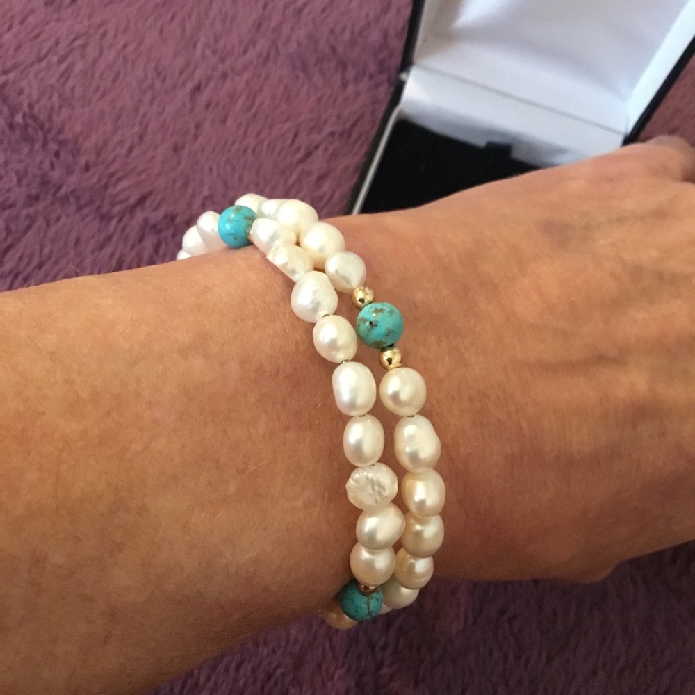 Beautiful Genuine Freshwater White Pearl & Turquoise & 14K Gold Wrap Bracelet
